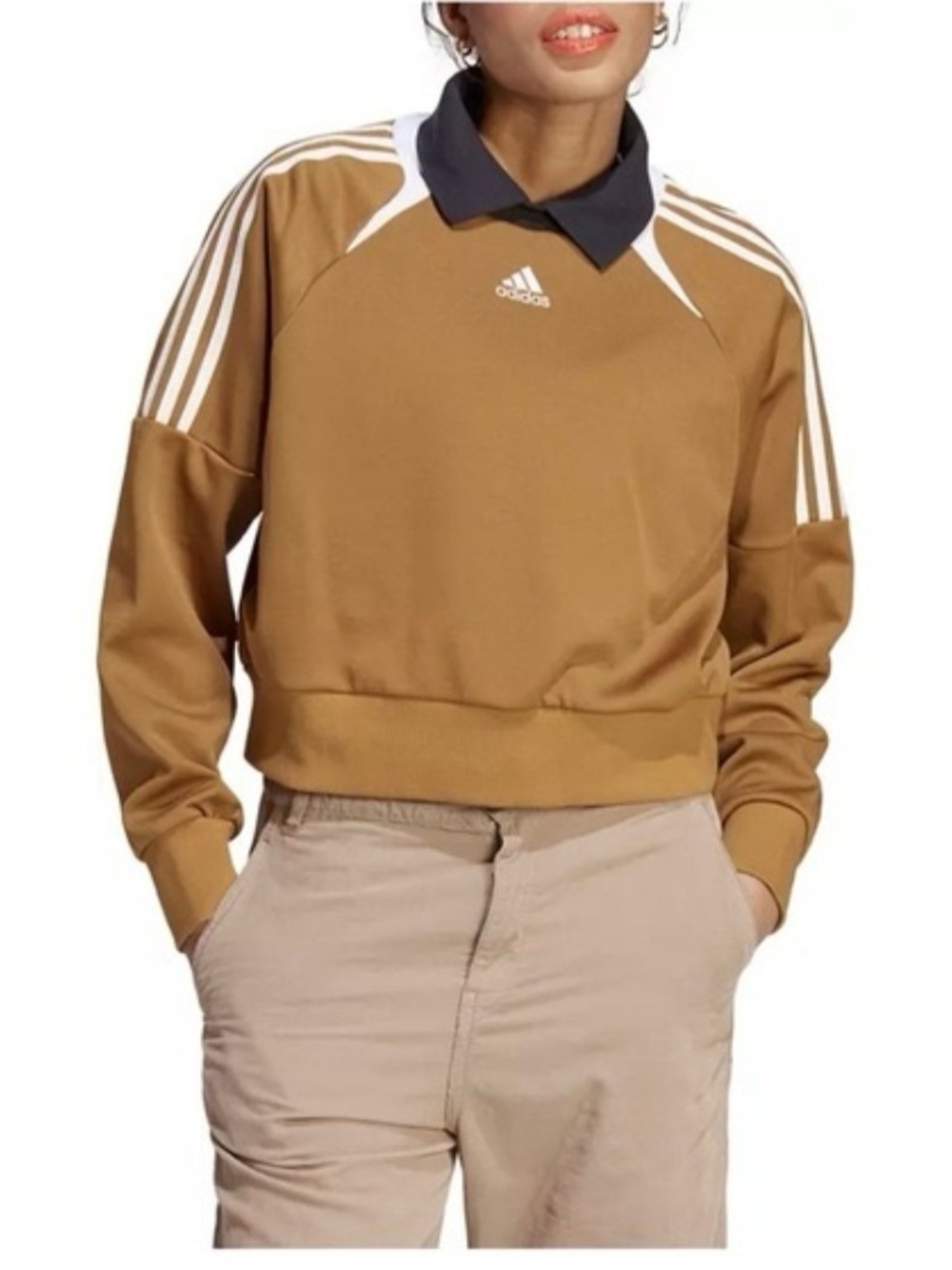 Adidas Women's Golden Brown Crewneck Track Sweatshirt with White 3-Stripes